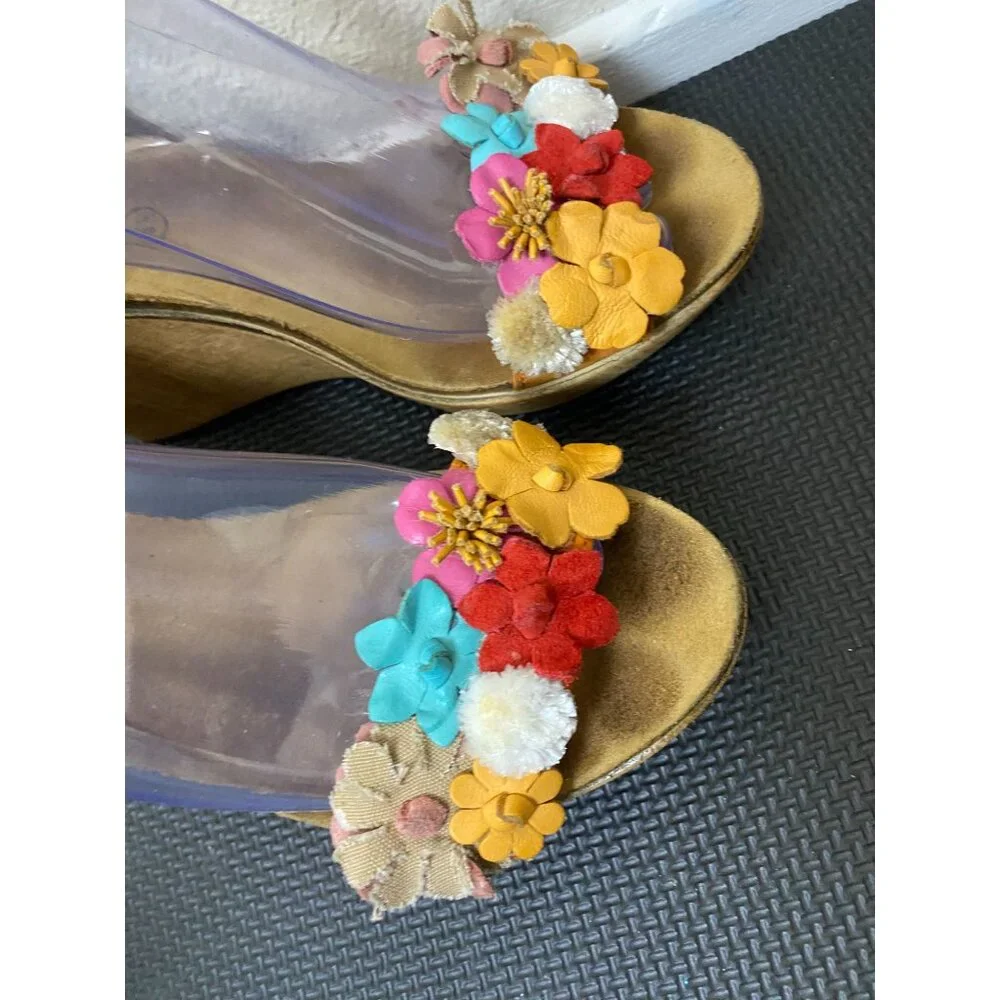 Bios Step Leather Fabric Flower‎ Wedge Sandals Brown Size 8.5 Whimsical Feminine